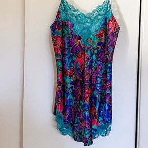 Vintage Victoria's Secret Gold Label Floral Satin Slip with Lace Trim